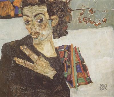 Egon Schiele Self-Portrait with Black Clay Vase and Spread Fingers (mk12) oil painting image